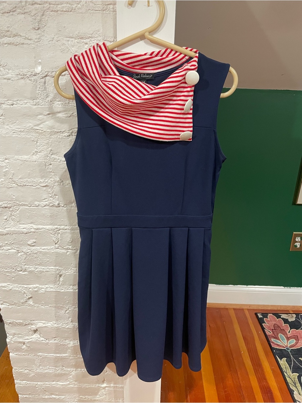 Navy Sleeveless Pleated Dress with Red & White Striped Scarf Detail